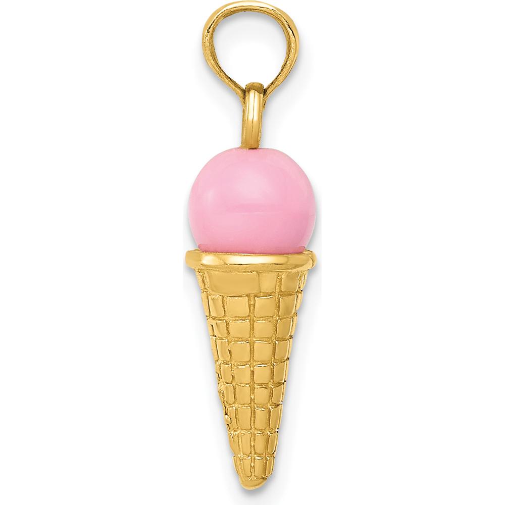 14K Yellow Gold Satin Polished 3D Pink Quartz Ice Cream Cone Charm by Oro Pregiato