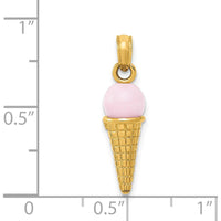 14K Yellow Gold Satin Polished 3D Pink Quartz Ice Cream Cone Charm by Oro Pregiato