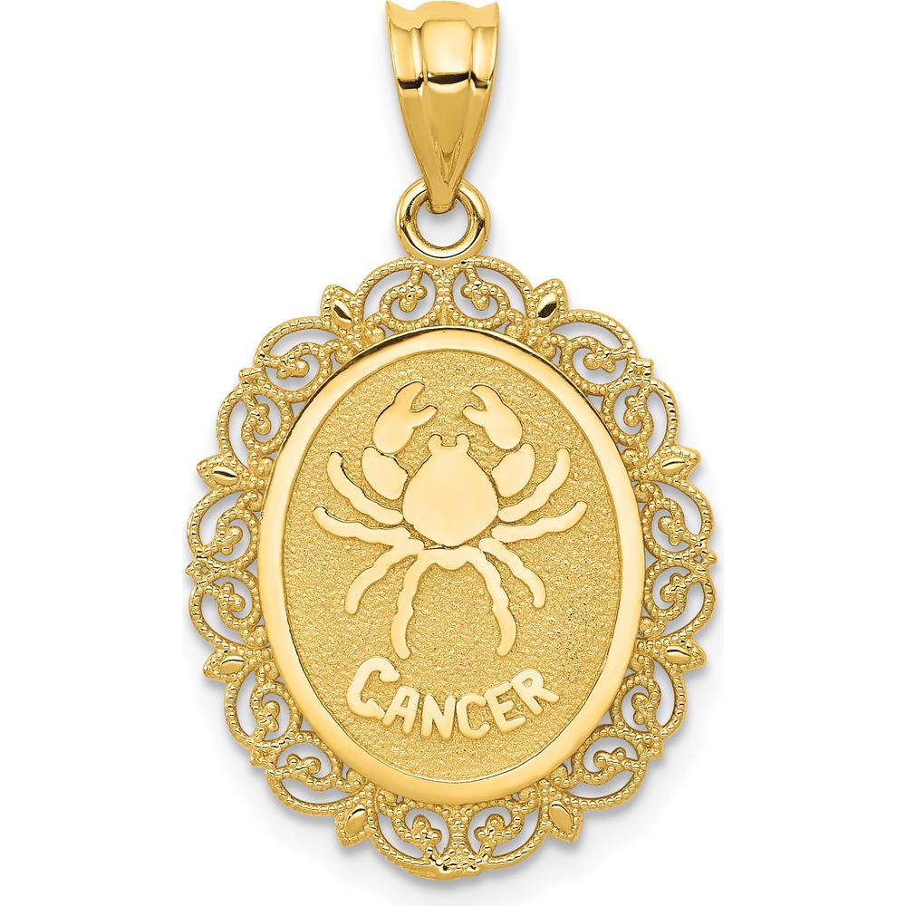 14K Yellow Gold Satin Polished Cancer Zodiac Pendant with Textured Frame - 28mm by Oro Pregiato