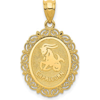 14K Yellow Gold Satin Polished Capricorn Zodiac Oval Pendant - 28mm by Oro Pregiato