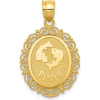 14K Yellow Gold Satin Polished Pisces Zodiac Oval Pendant with Textured Detail by Oro Pregiato