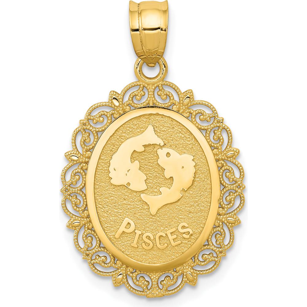 14K Yellow Gold Satin Polished Pisces Zodiac Oval Pendant with Textured Detail by Oro Pregiato