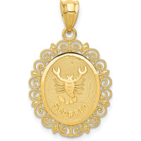 14K Yellow Gold Satin Polished Scorpio Zodiac Pendant with Textured Frame by Oro Pregiato