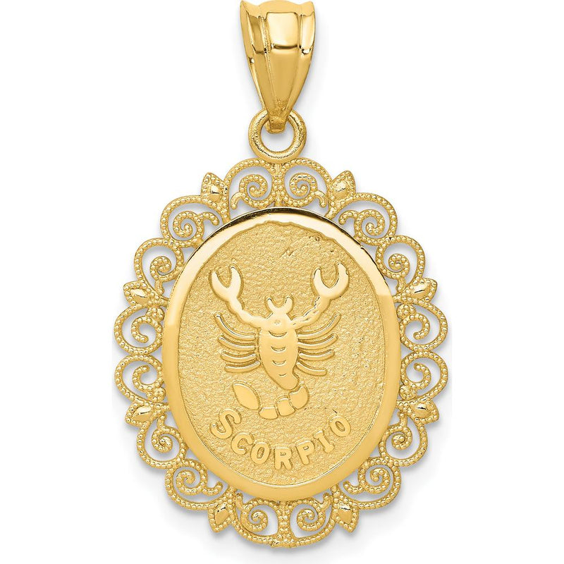 14K Yellow Gold Satin Polished Scorpio Zodiac Pendant with Textured Frame by Oro Pregiato