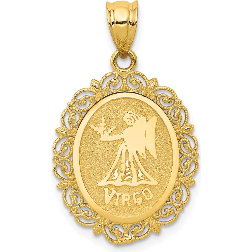 14K Yellow Gold Satin Polished Virgo Zodiac Oval Pendant with Milgrain Detail by Oro Pregiato