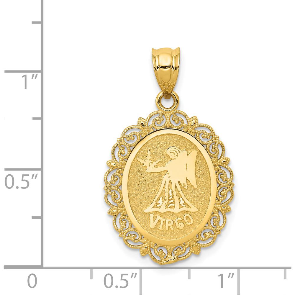 14K Yellow Gold Satin Polished Virgo Zodiac Oval Pendant with Milgrain Detail by Oro Pregiato