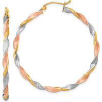 14K Yellow Gold Satin Twisted Hoop Earrings with White & Rose Rhodium Accents - 50mm Length by 0