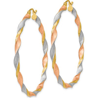 14K Yellow Gold Satin Twisted Hoop Earrings with White & Rose Rhodium Accents - 50mm Length by 0