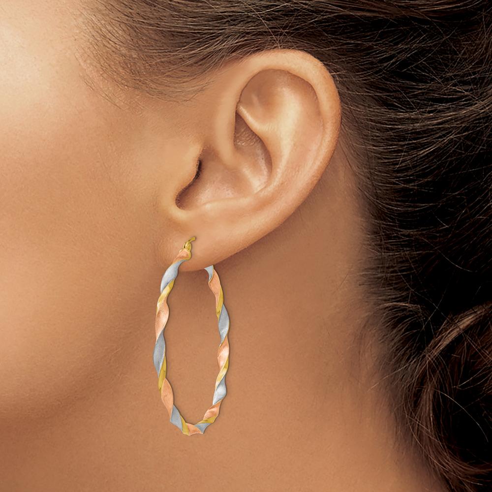 14K Yellow Gold Satin Twisted Hoop Earrings with White & Rose Rhodium Accents - 50mm Length by 0
