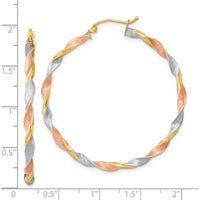 14K Yellow Gold Satin Twisted Hoop Earrings with White & Rose Rhodium Accents - 50mm Length by 0