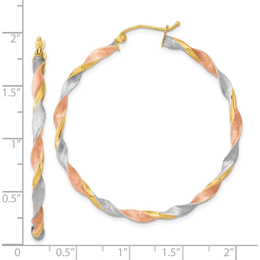 14K Yellow Gold Satin Twisted Hoop Earrings with White & Rose Rhodium Accents - 50mm Length by 0