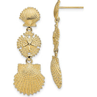 14K Yellow Gold Scallop and Sand Dollar Dangle Earrings with Polished Finish - 36.9mm Length by 0
