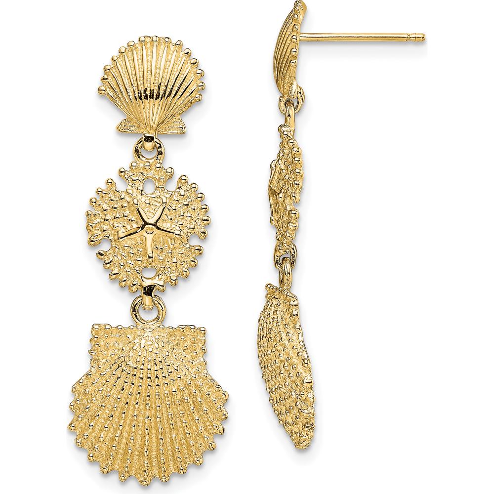 14K Yellow Gold Scallop and Sand Dollar Dangle Earrings with Polished Finish - 36.9mm Length by 0
