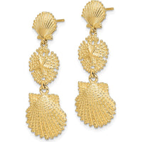 14K Yellow Gold Scallop and Sand Dollar Dangle Earrings with Polished Finish - 36.9mm Length by 0
