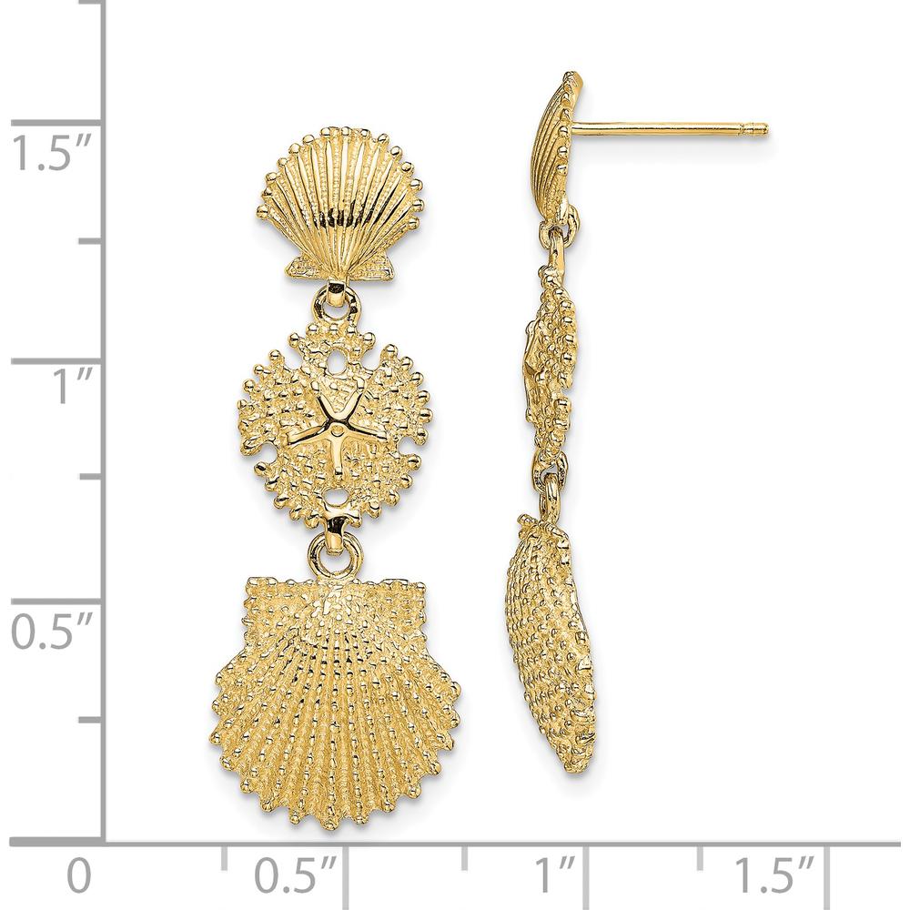 14K Yellow Gold Scallop and Sand Dollar Dangle Earrings with Polished Finish - 36.9mm Length by 0