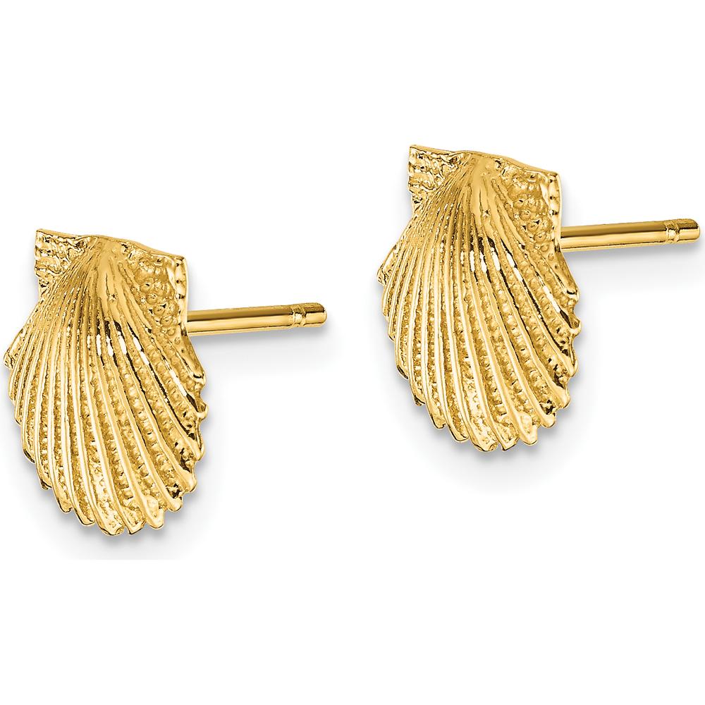 14K Yellow Gold Scallop Shell Button Earrings - Polished Finish, 9mm by 0