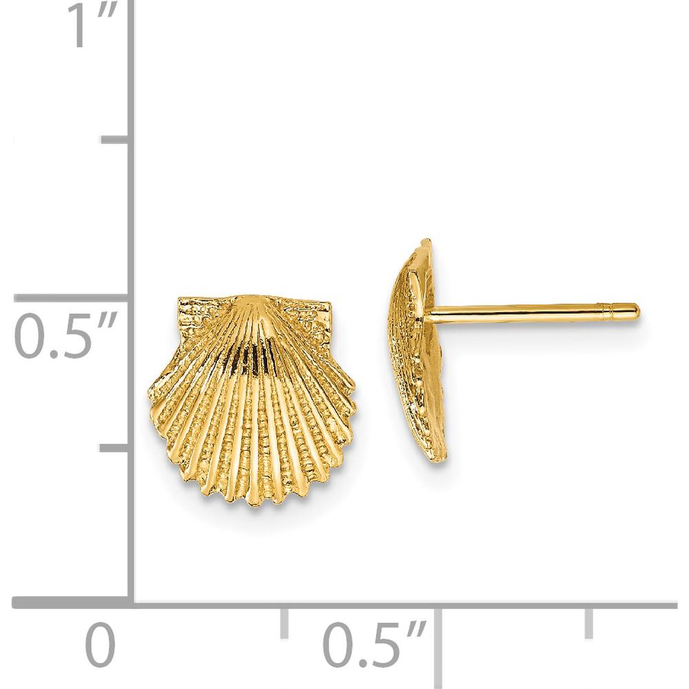 14K Yellow Gold Scallop Shell Button Earrings - Polished Finish, 9mm by 0