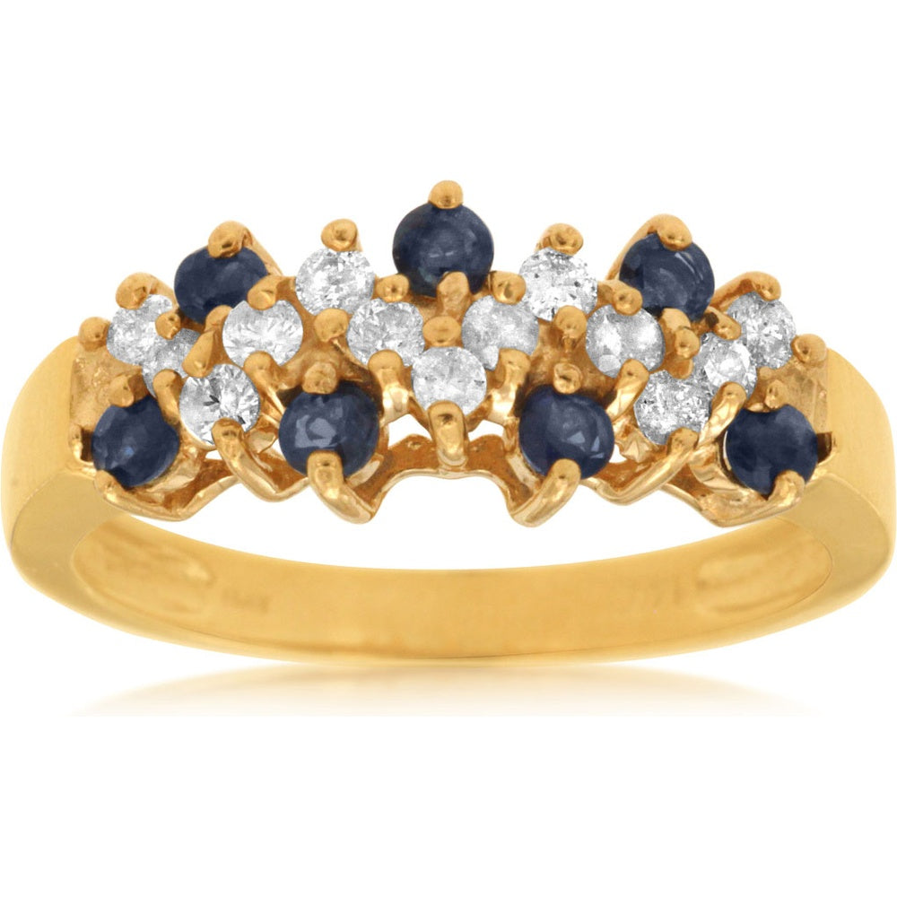 14K Yellow Gold Scalloped Band Ring with Round Blue Sapphires and Round Diamonds - 0.33 Carat Total Gem Weight - Royal Jewelry