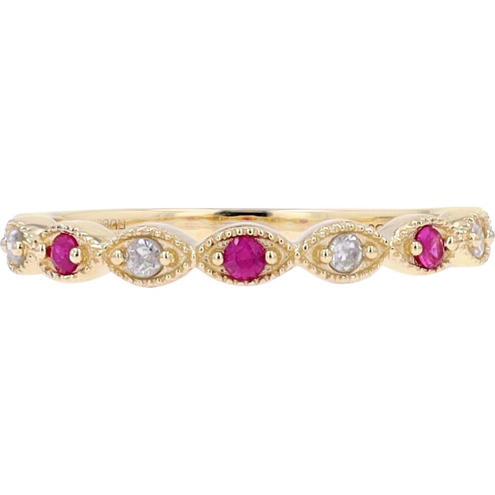 14K Yellow Gold Scalloped Band with Alternating Round Rubies and Diamonds - 0.10 Carats Ruby, 0.05 Carats Diamond Total Weight