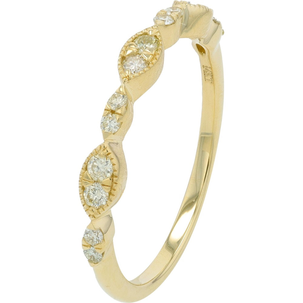 14K Yellow Gold Scalloped Diamond Band with Milgrain Detailing and Prong Set Round Diamonds - 0.25 Carat Total Diamond Weight