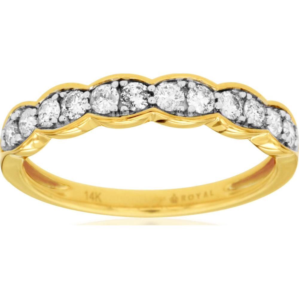 14K Yellow Gold Scalloped Diamond Wedding Band with Shared Prong Set Round Diamonds - 0.40 Carat Total Diamond Weight - Royal Jewelry