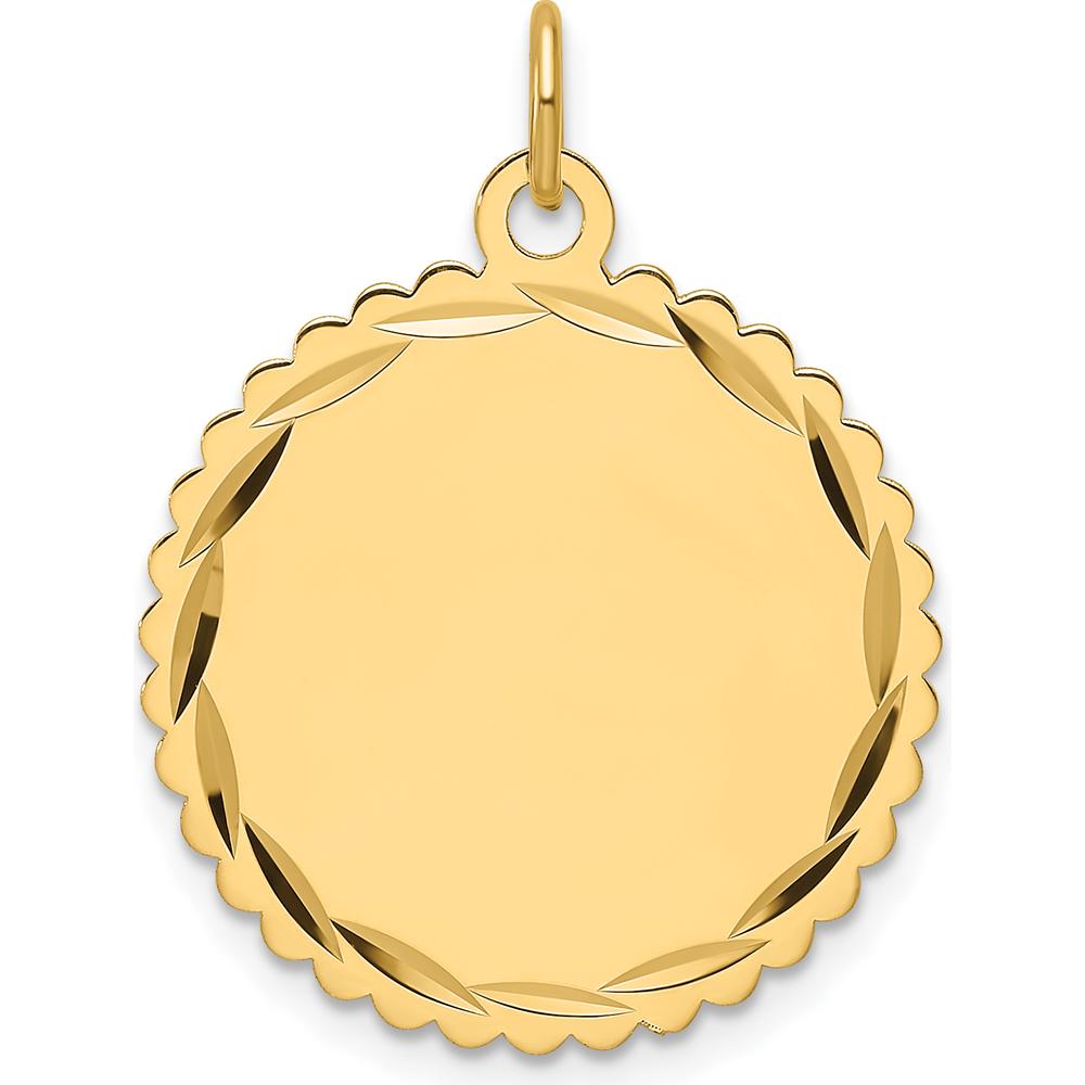 14K Yellow Gold Scalloped Disc Charm - Engravable Pendant with Diamond-Cut Edges by Oro Pregiato