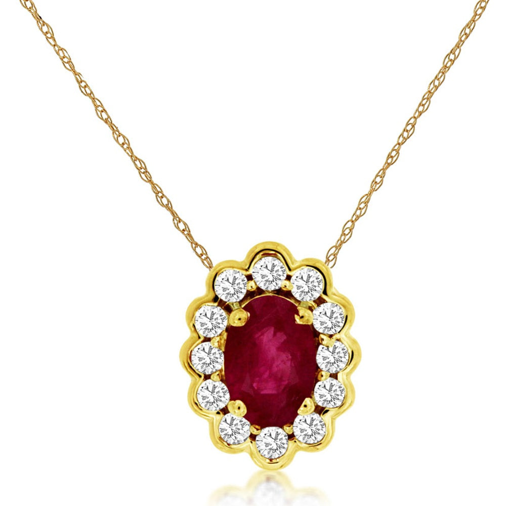 14K Yellow Gold Scalloped Halo Pendant Necklace with Oval Ruby and Round Diamonds - 0.55 Carat Ruby and 0.16 Carat Total Diamond Weight - Royal Jewelry
