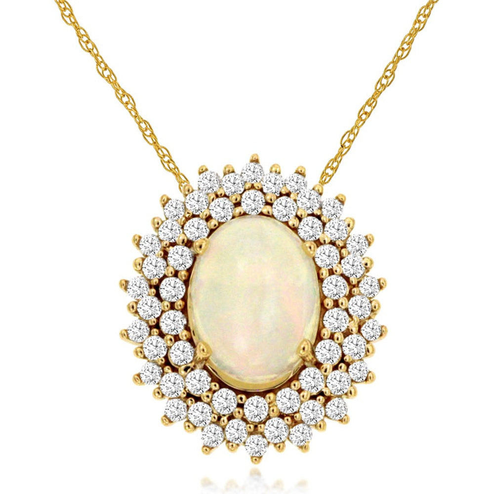 14K Yellow Gold Scalloped Halo Pendant with Oval Cabochon Opal and Round Brilliant Diamonds - 0.90 Carat Opal and 0.33 Carat Diamond Total Weight - Royal Jewelry