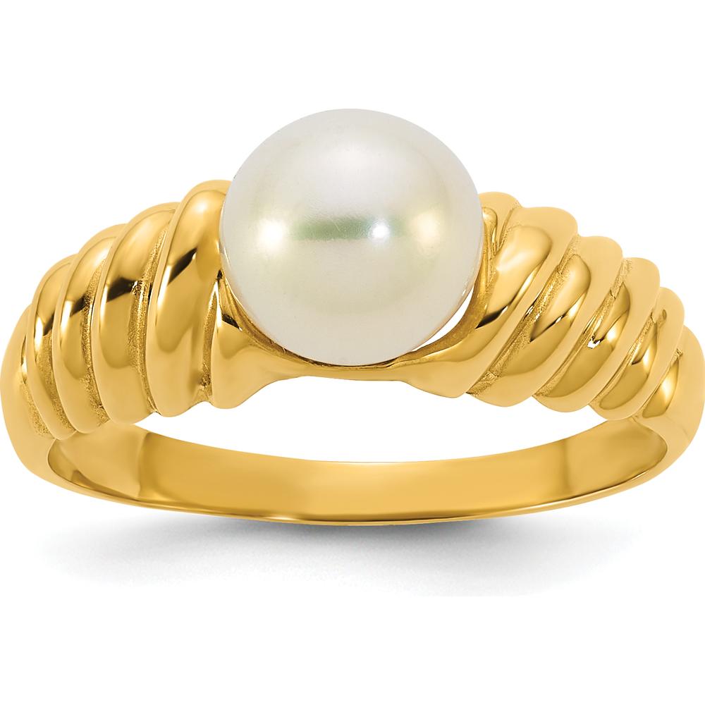 14K Yellow Gold Scalloped Shank Ring with 6 - 7mm Round White Freshwater Cultured Pearl by Monteluci Fine Jewelry
