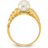 14K Yellow Gold Scalloped Shank Ring with 6 - 7mm Round White Freshwater Cultured Pearl by Monteluci Fine Jewelry