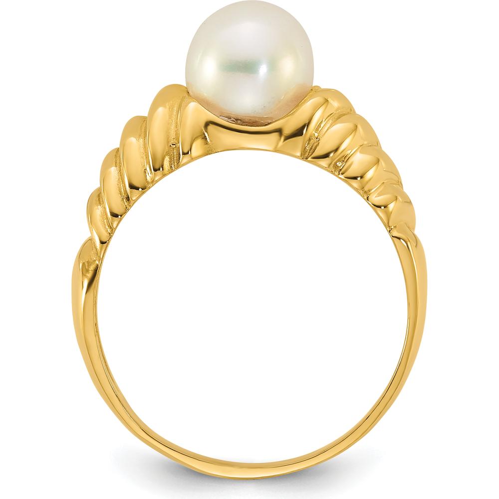 14K Yellow Gold Scalloped Shank Ring with 6 - 7mm Round White Freshwater Cultured Pearl by Monteluci Fine Jewelry