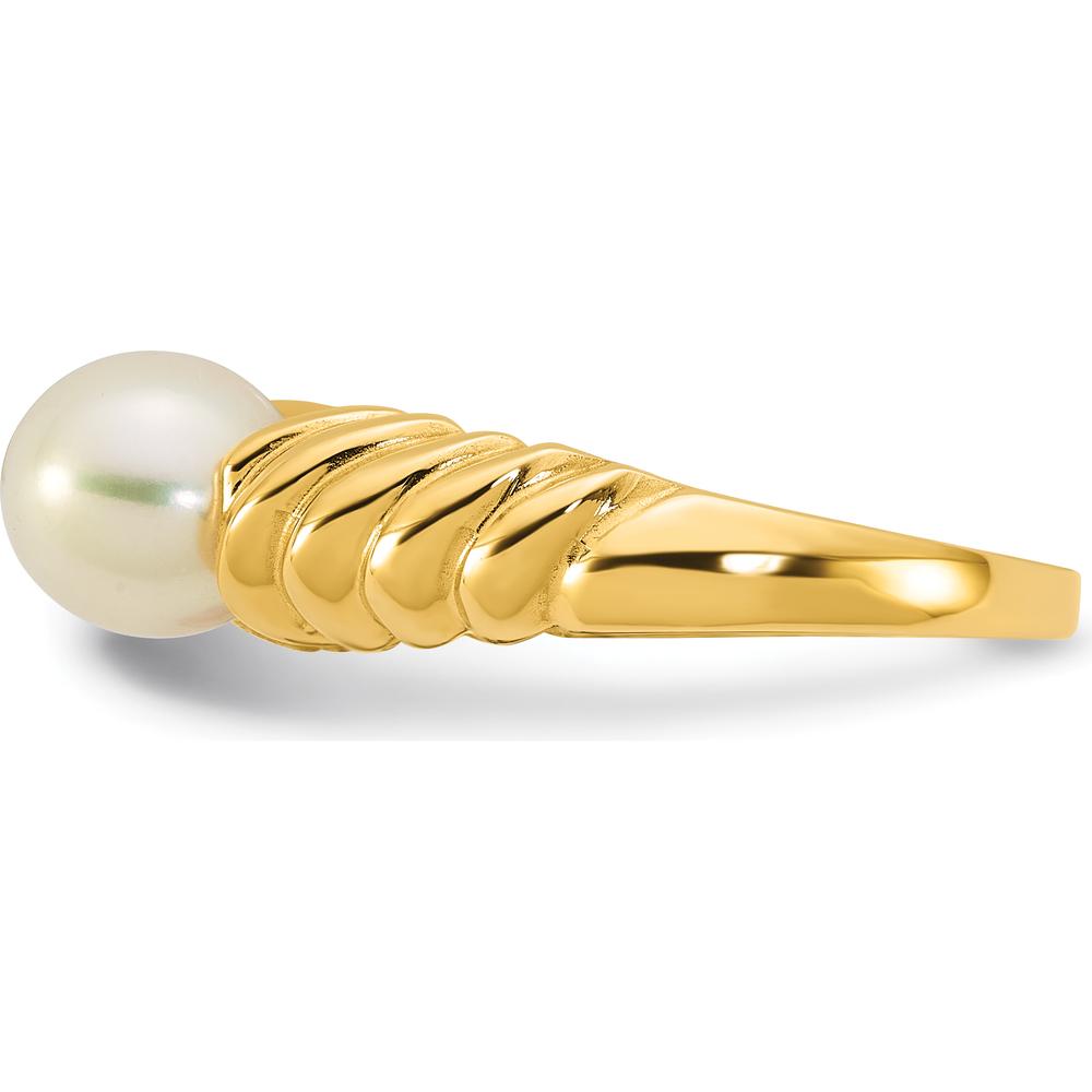 14K Yellow Gold Scalloped Shank Ring with 6 - 7mm Round White Freshwater Cultured Pearl by Monteluci Fine Jewelry