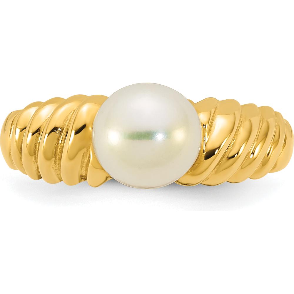 14K Yellow Gold Scalloped Shank Ring with 6 - 7mm Round White Freshwater Cultured Pearl by Monteluci Fine Jewelry