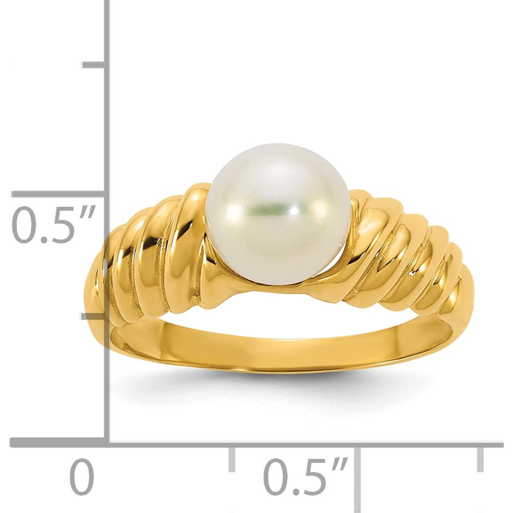 14K Yellow Gold Scalloped Shank Ring with 6 - 7mm Round White Freshwater Cultured Pearl by Monteluci Fine Jewelry