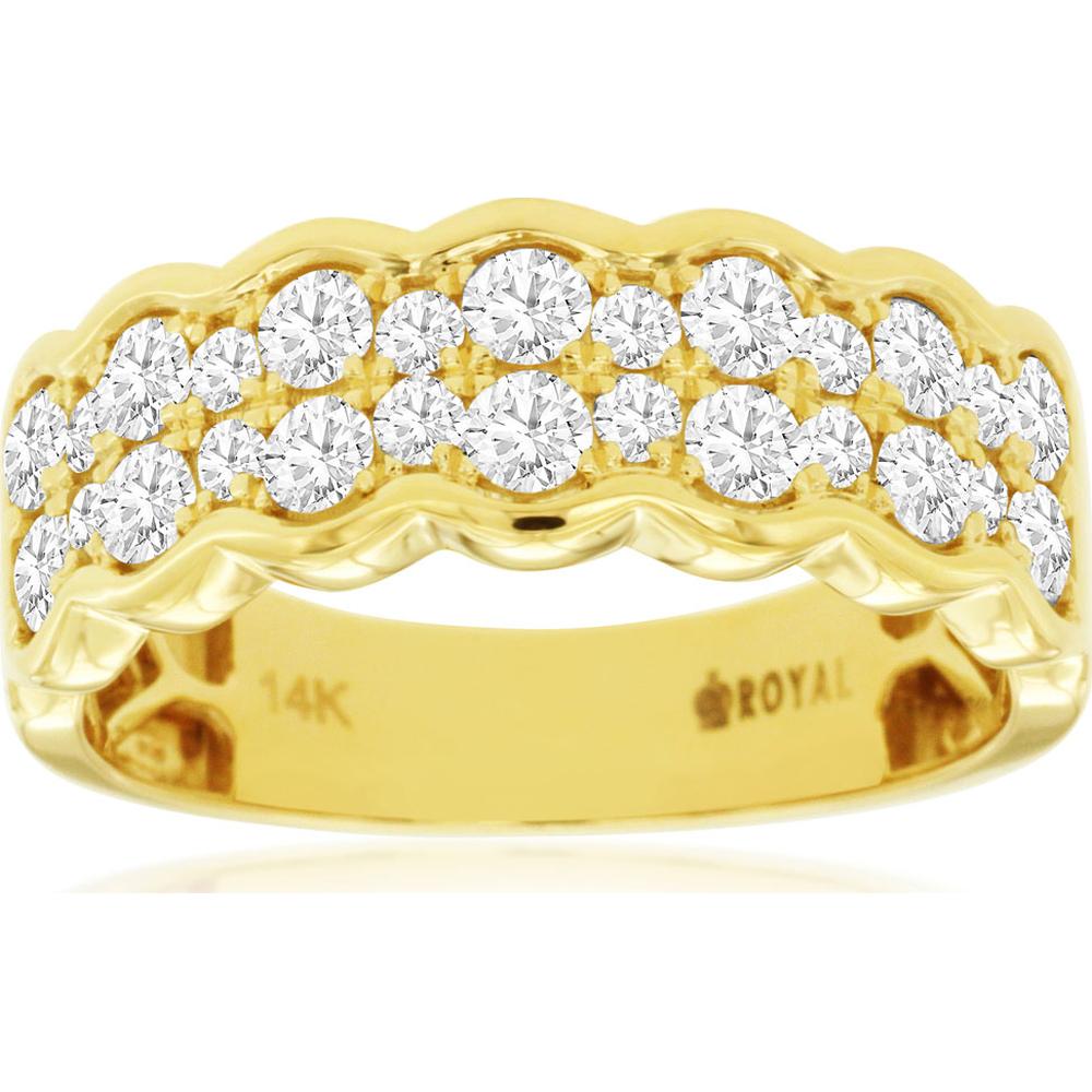 14K Yellow Gold Scalloped Wave Diamond Wedding Band with Round Brilliant Cut Diamonds - 0.95 Carat Total Diamond Weight - Royal Jewelry