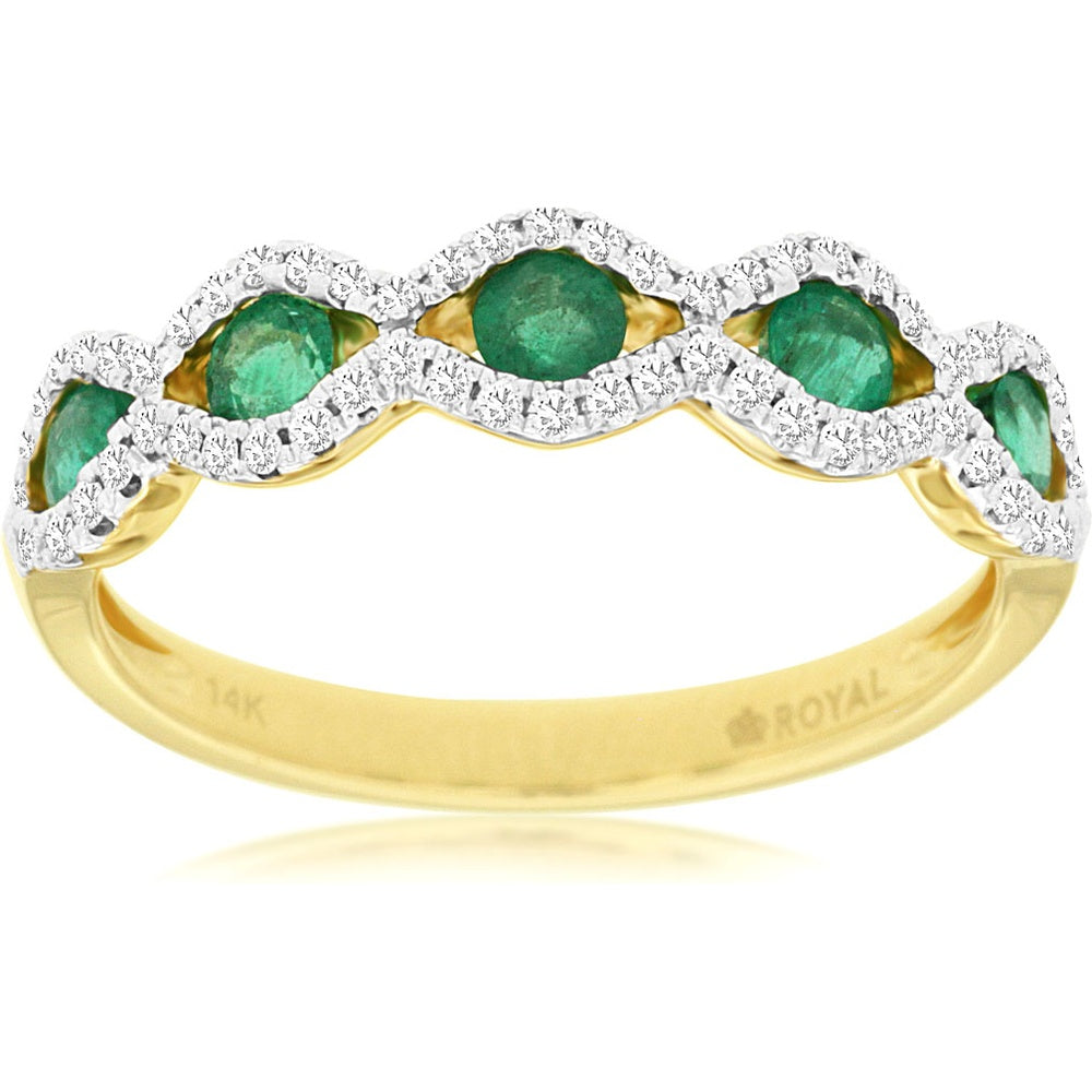 14K Yellow Gold Scalloped Wavy Band Ring with Round Emeralds and Diamond Halo Accents - 0.52 Carat Emerald and 0.20 Carat Diamond Total Weight - Royal Jewelry