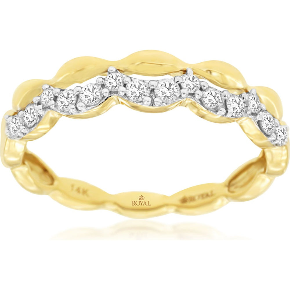 14K Yellow Gold Scalloped Wedding Band with Prong-Set Round Diamonds - 0.28 Carat Total Diamond Weight - Royal Jewelry