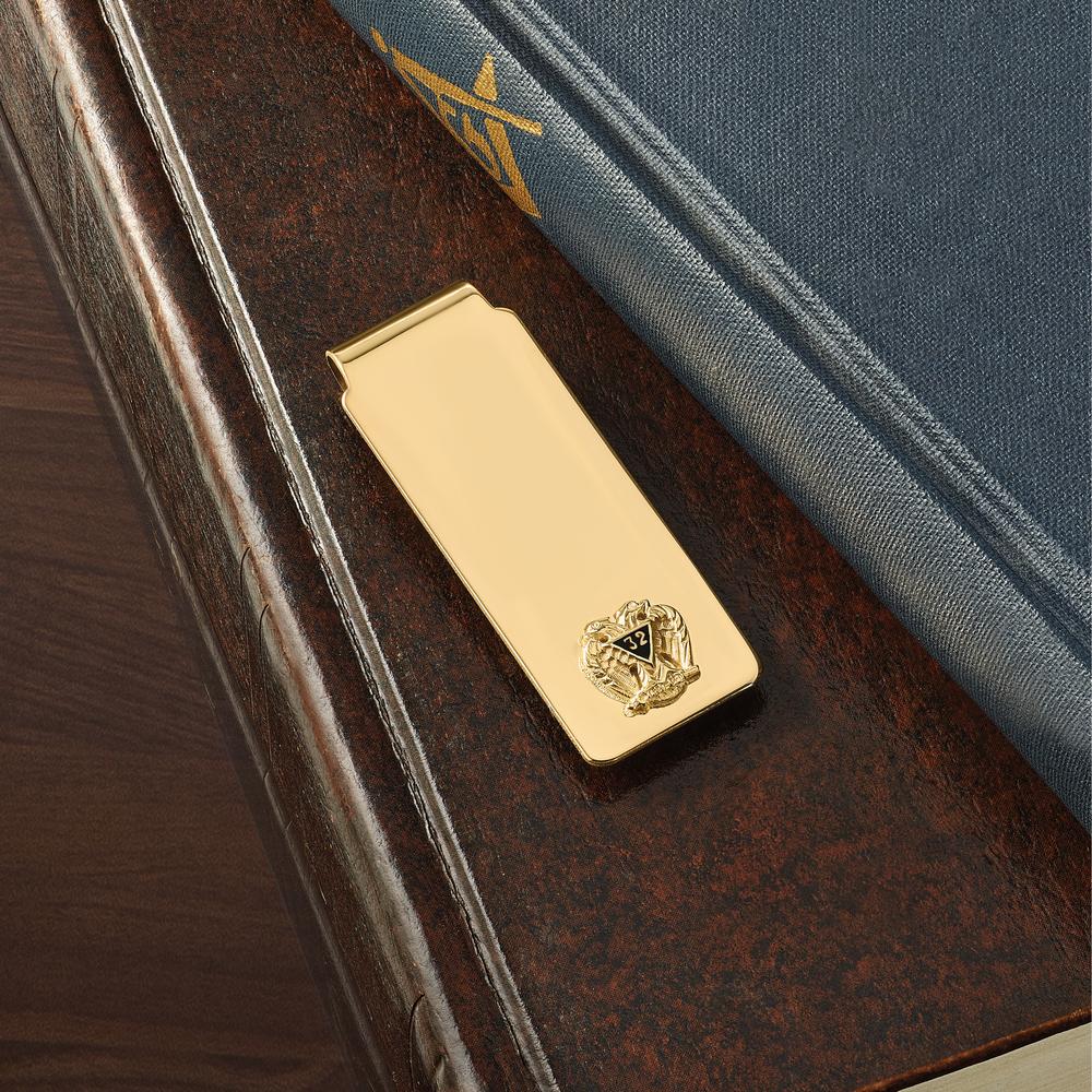 14K Yellow Gold Scottish Rite Masonic Money Clip with Polished and Textured Finish - Medium Size by IBGoodman