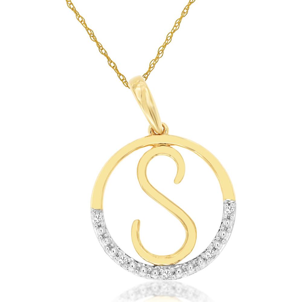 14K Yellow Gold Script Initial S Pendant with Diamond Accent - 0.02 Carat Total Diamond Weight - Royal Jewelry