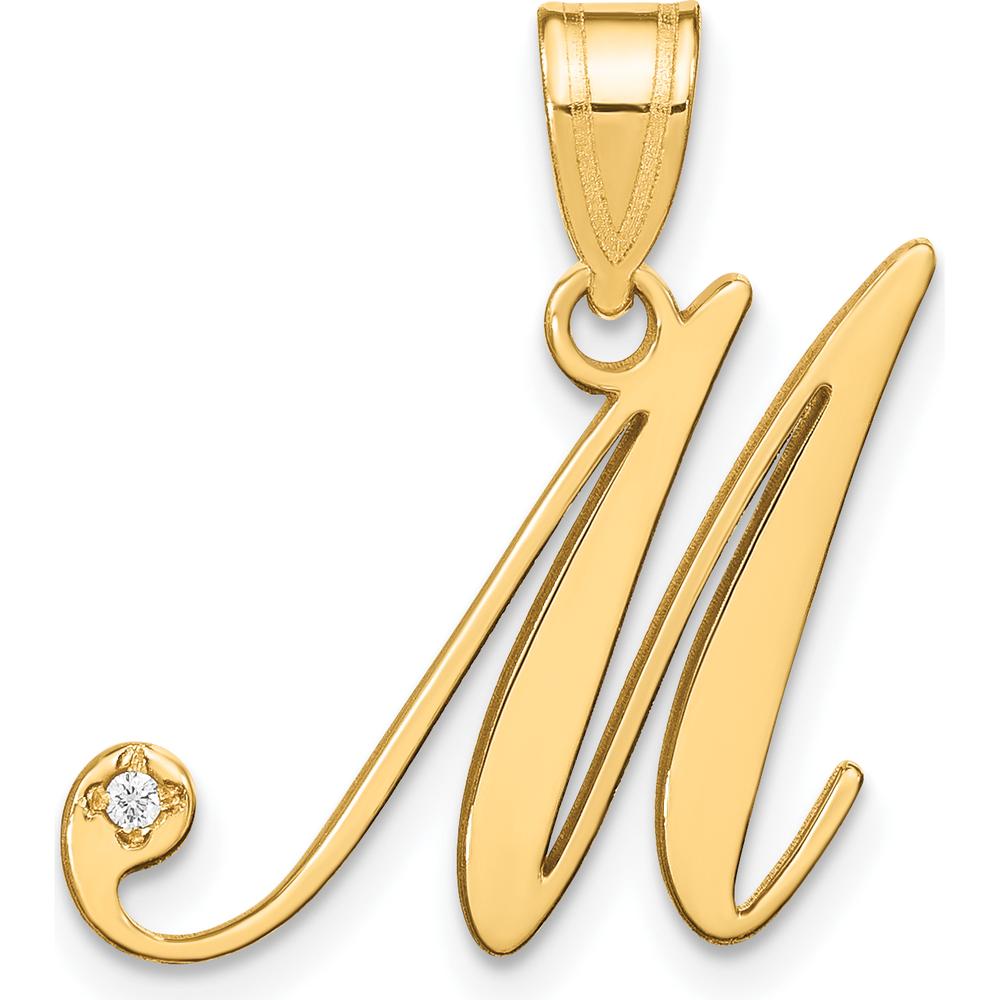 14K Yellow Gold Script Letter M Initial Pendant with Round Diamond - 0.01 Carat Total Diamond Weight by Oro Pregiato