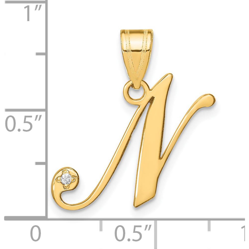 14K Yellow Gold Script Letter "N" Initial Pendant with Round Diamond - 0.01 Carat Total Diamond Weight by Oro Pregiato