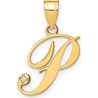 14K Yellow Gold Script Letter P Initial Pendant with Round Diamond - 0.01 Carat Total Diamond Weight by Oro Pregiato