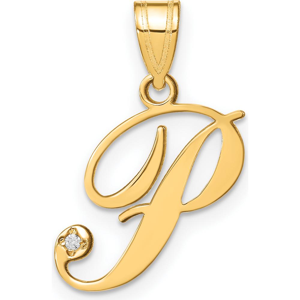 14K Yellow Gold Script Letter P Initial Pendant with Round Diamond - 0.01 Carat Total Diamond Weight by Oro Pregiato
