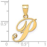14K Yellow Gold Script Letter P Initial Pendant with Round Diamond - 0.01 Carat Total Diamond Weight by Oro Pregiato