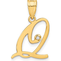 14K Yellow Gold Script Letter Q Pendant with Faceted Diamond - 0.01 Carat Diamond Weight by Oro Pregiato