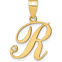 14K Yellow Gold Script Letter R Pendant with Round Diamond - 0.01 Carat Total Diamond Weight by Oro Pregiato