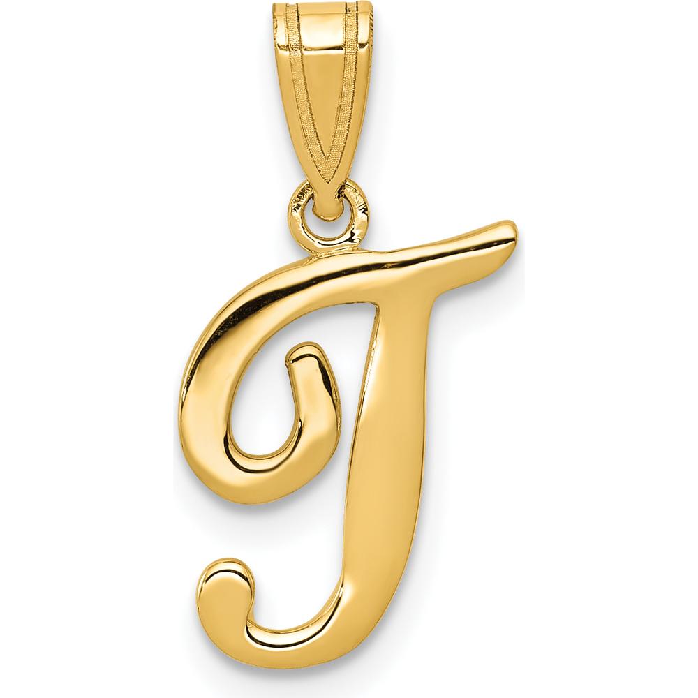 14K Yellow Gold Script Letter T Initial Pendant - Polished Finish by Oro Pregiato