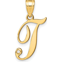 14K Yellow Gold Script Letter T Initial Pendant with Round Diamond - 0.01 Carat Total Diamond Weight by Oro Pregiato