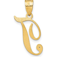 14K Yellow Gold Script Letter T Initial Pendant with Round Diamond - 0.01 Carat Total Diamond Weight by Oro Pregiato