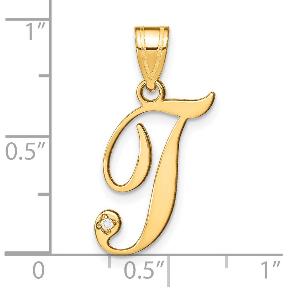 14K Yellow Gold Script Letter T Initial Pendant with Round Diamond - 0.01 Carat Total Diamond Weight by Oro Pregiato